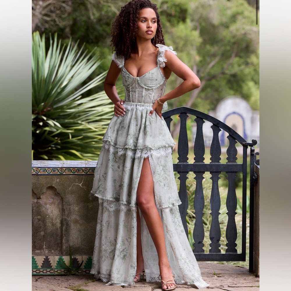 V. Chapman Jolie dress in sage tapestry (Pal Sage Tiered Lace Gown with Slit)
